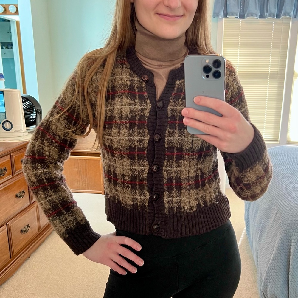 GAP Brown and Red Plaid Cardigan Sweater